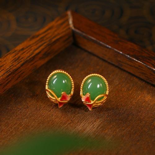 Zinc Alloy Stud Earring with Jade Ginkgo Leaf gold color plated vintage & for woman & enamel Sold By Pair