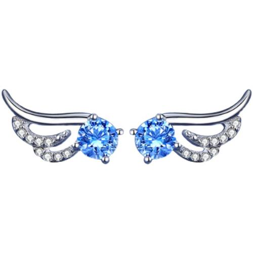 Brass Stud Earring Wing Shape fashion jewelry & for woman & with rhinestone blue Sold By Pair