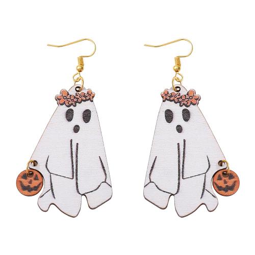 Hout Drop Earring, met 304 roestvrij staal, spook, Halloween Jewelry Gift & voor vrouw, 75x35mm, Verkocht door pair