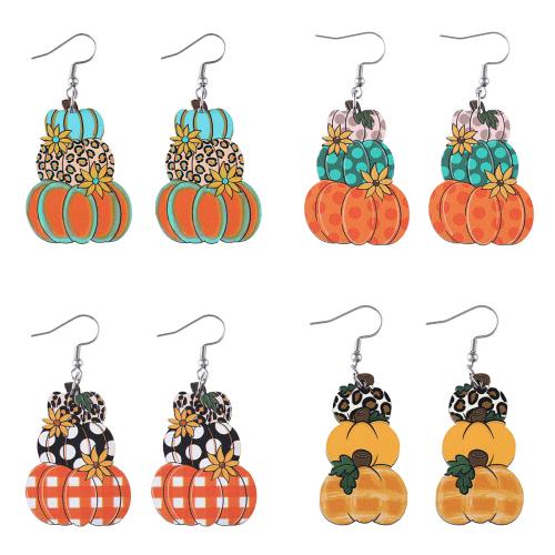 Wood Drop Earring with 304 Stainless Steel Pumpkin Halloween Jewelry Gift & for woman Sold By Pair