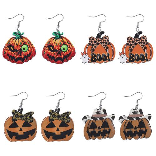 Wood Drop Earring with 304 Stainless Steel Pumpkin Halloween Jewelry Gift & for woman Sold By Pair