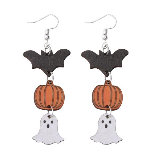 bois Boucle d'oreille goutte, avec Acier inoxydable 304, Bijoux d'Halloween & pour femme, 80x30mm, Vendu par paire