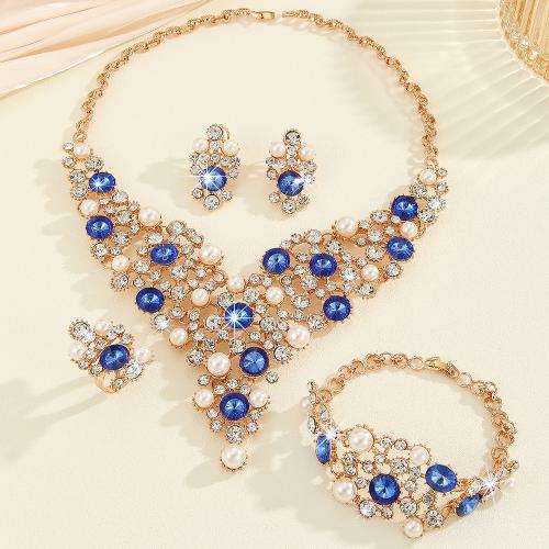 Zinc Alloy Jewelry Sets Stud Earring & finger ring & bracelet & necklace with Plastic Pearl 4 pieces & for woman & with rhinestone Sold By Set