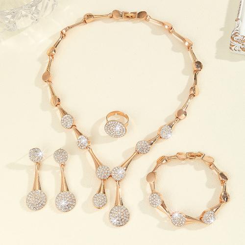 Zinc Alloy Jewelry Sets finger ring & bracelet & earring & necklace 4 pieces & for woman & with rhinestone golden Sold By Set