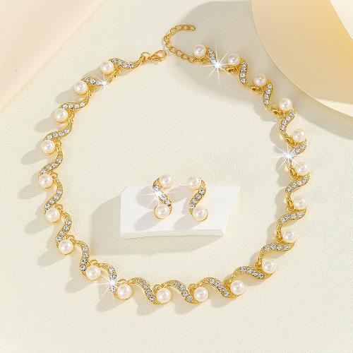 Zinc Alloy Jewelry Sets Stud Earring & necklace with Plastic Pearl 2 pieces & for woman & with rhinestone Sold By Set