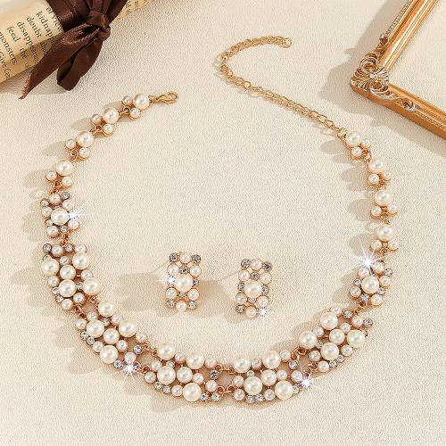 Zinc Alloy Jewelry Sets Stud Earring & necklace with Plastic Pearl 2 pieces & for woman & with rhinestone golden Sold By Set