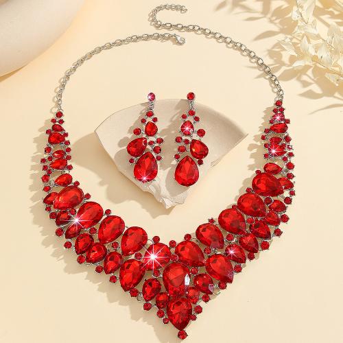 Zinc Alloy Jewelry Sets earring & necklace with Crystal 2 pieces & fashion jewelry & for woman red Sold By Set