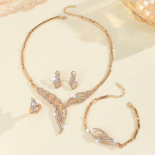 Zinc Alloy Jewelry Sets Stud Earring & finger ring & bracelet & necklace 4 pieces & for woman & with rhinestone golden Sold By Set