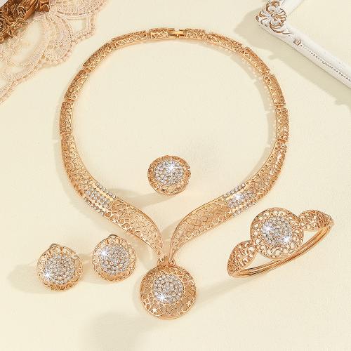 Zinc Alloy Jewelry Sets Stud Earring & finger ring & bracelet & necklace 4 pieces & for woman & with rhinestone golden Sold By Set