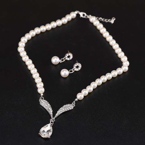 Zinc Alloy Jewelry Sets earring & necklace with Plastic Pearl 2 pieces & for woman & with rhinestone Sold By Set