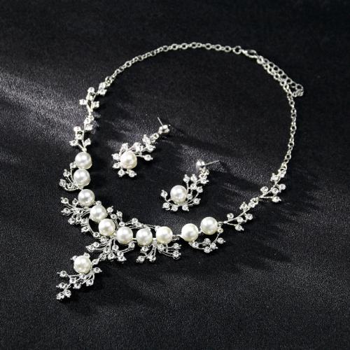 Zinc Alloy Jewelry Sets earring & necklace with Plastic Pearl 2 pieces & for woman & with rhinestone Sold By Set