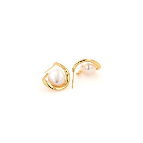 Brass Stud Earring with Plastic Pearl gold color plated for woman nickel lead & cadmium free Sold By PC