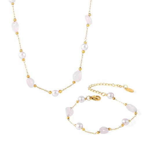 Fashion Stainless Steel Jewelry Sets 304 Stainless Steel with Natural Stone & Plastic Pearl fashion jewelry & for woman gold Sold By PC