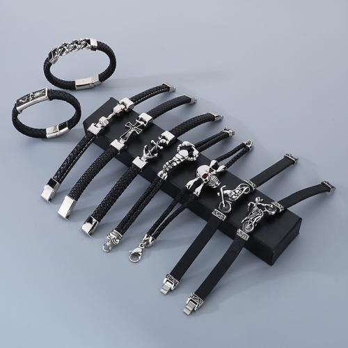 Stainless Steel Jewelry Bracelet 304 Stainless Steel with PU Leather Vacuum Ion Plating & for man & with rhinestone Sold By PC