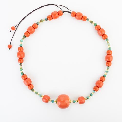 Synteettinen Coral Kaulakoru, kanssa Teryleeni Johdon, kansan tyyli & Unisex, beads length 12-14mm, Pituus N. 820 mm, Myymät PC