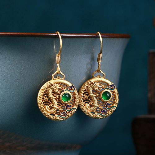 Brass Drop Earring with Green Calcedony Dragon gold color plated vintage & for woman & enamel & hollow Sold By Pair