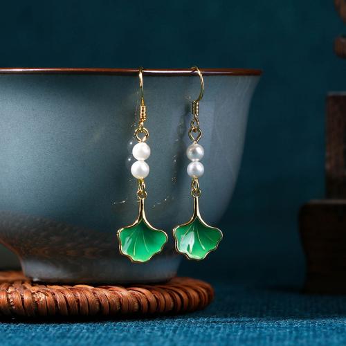 Brass Drop Earring with Acrylic Ginkgo Leaf gold color plated vintage & for woman Sold By Pair