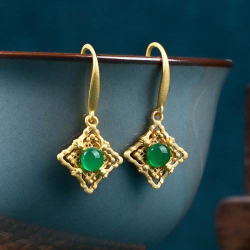 metal Pendientes con Colgantes, con Calcedonia verde, Rombo, chapado en color dorado, Vintage & para mujer & hueco, 14x29mm, Vendido por Par