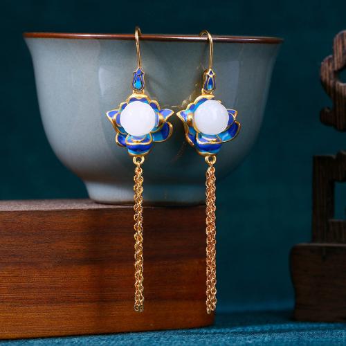 Brass Tassel Earring with Jade Lotus gold color plated vintage & for woman & enamel Sold By Pair