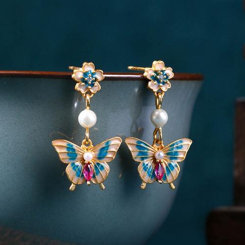 Brass Drop Earring with Acrylic Butterfly gold color plated vintage & for woman & enamel & with rhinestone Sold By Pair