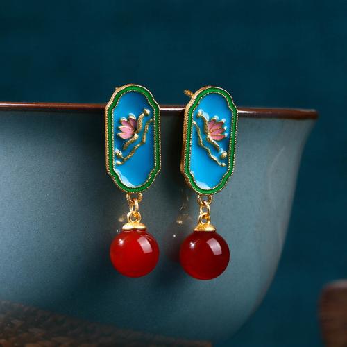 Messing Drop Earring, gold plated, Vintage & met bloempatroon & voor vrouw & glazuur, 9x32mm, Verkocht door pair