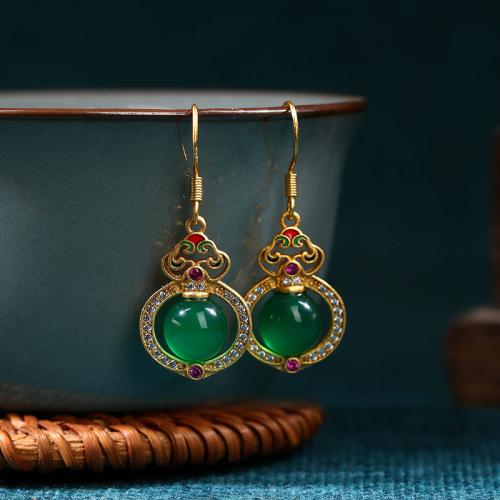 Messing Drop Earring, med Green Calcedony, Lucky Calabash, guldfarve belagt, Vintage & for kvinde & emalje & med rhinestone & hule, 13x34mm, Solgt af par