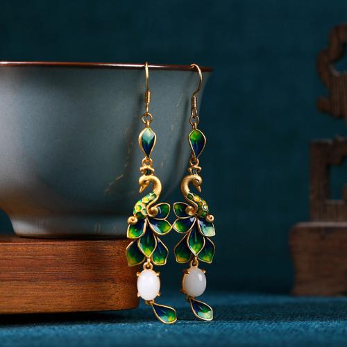 Brass Drop Earring with Jade Peacock gold color plated vintage & for woman & enamel Sold By Pair