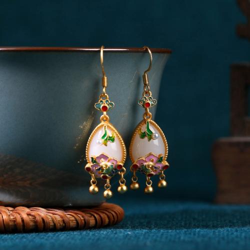 Brass Drop Earring with Jade & Plastic Pearl gold color plated vintage & for woman & enamel Sold By Pair