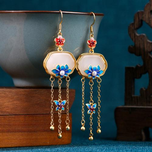 Brass Tassel Earring with Jade & Plastic Pearl gold color plated vintage & for woman & enamel Sold By Pair