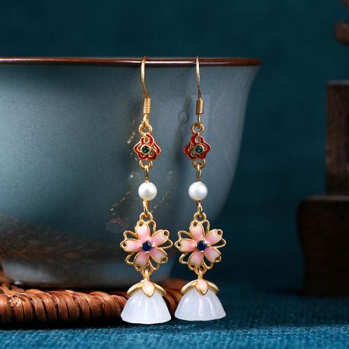 Brass Drop Earring with Jade & Plastic Pearl Flower gold color plated vintage & for woman & enamel Sold By Pair