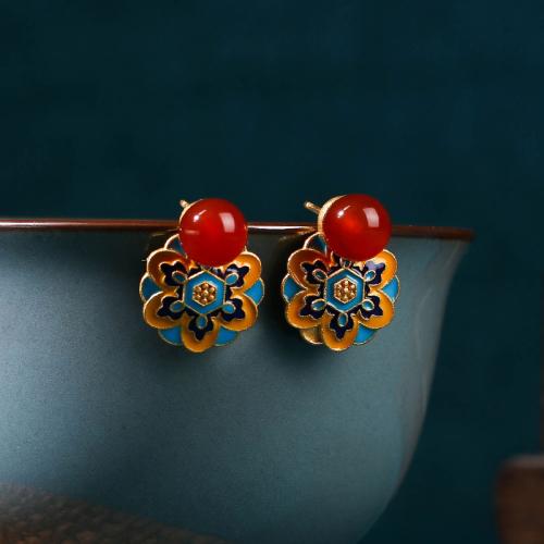 Brass Stud Earring with Carnelian Lotus gold color plated vintage & for woman & enamel Sold By Pair