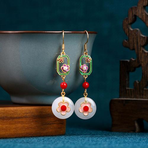 Messing Drop Earring, med Plastic Pearl, Flower, guldfarve belagt, Vintage & for kvinde & emalje & hule, 14x56mm, Solgt af par