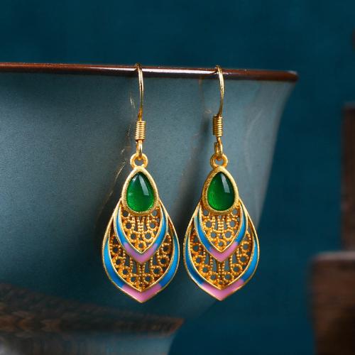 Messing Drop Earring, med Green Calcedony, Teardrop, guldfarve belagt, Vintage & for kvinde & emalje & hule, 12x36mm, Solgt af par