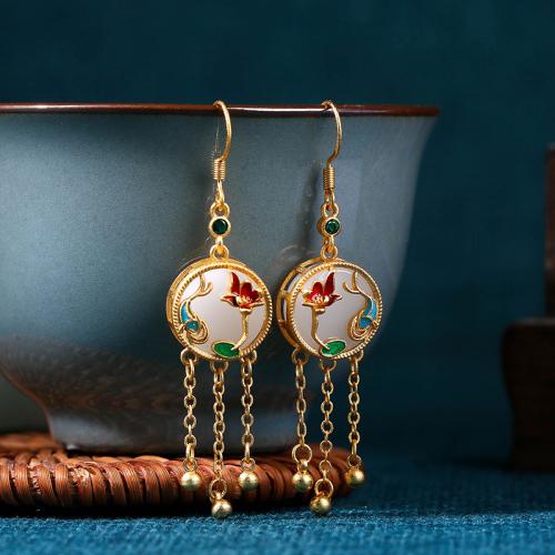 Brass Tassel Earring with Jade gold color plated vintage & for woman & enamel Sold By Pair