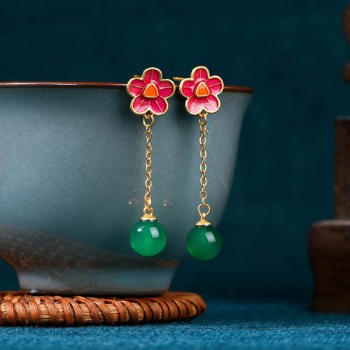 Messing Drop Earring, med Green Calcedony, Flower, guldfarve belagt, Vintage & for kvinde & emalje, 11x42mm, Solgt af par