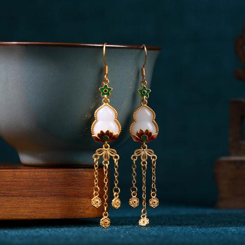 Brass Tassel Earring with Jade Calabash gold color plated vintage & for woman & enamel Sold By Pair