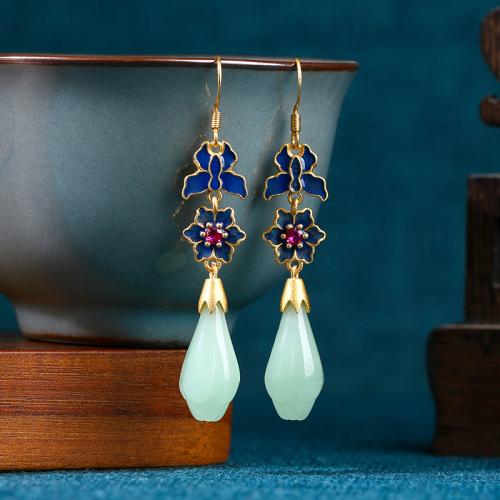 Brass Drop Earring with Jade Flower gold color plated vintage & for woman & enamel Sold By Pair