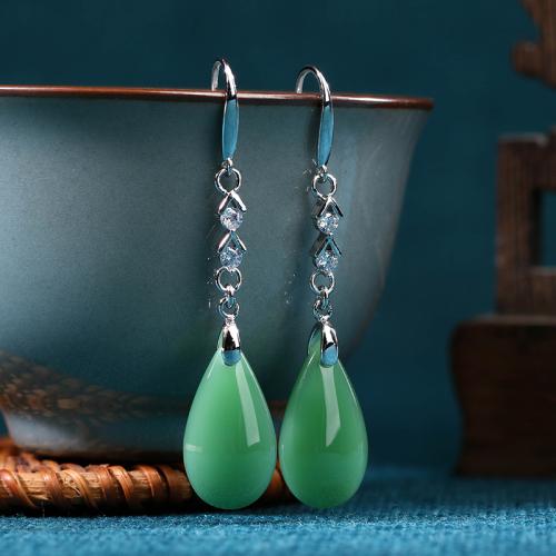 Brass Drop Earring with Jade Teardrop silver color plated vintage & for woman & with rhinestone Sold By Pair