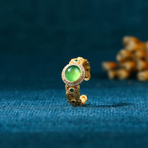 Messing Cuff fingerring, med Green Calcedony, guldfarve belagt, Vintage & for kvinde & med rhinestone, Størrelse:6-8, Solgt af PC