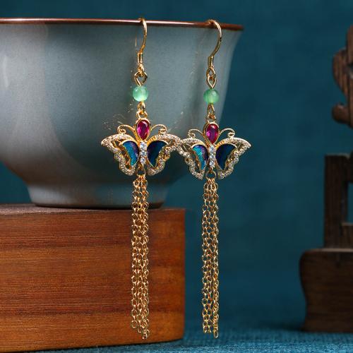 Brass Tassel Earring with Chalcedony Butterfly gold color plated vintage & for woman & enamel & with rhinestone 81mm Sold By Pair