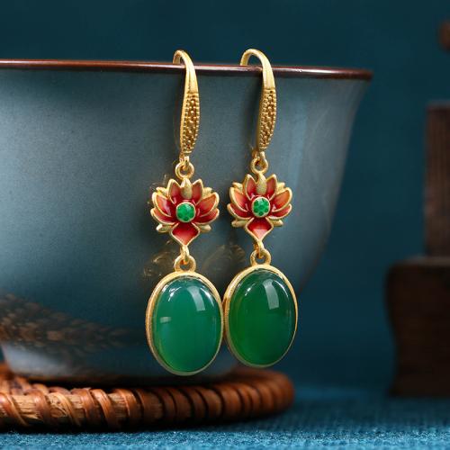 Messing Drop Earring, med Green Calcedony, Lotus, guldfarve belagt, Vintage & for kvinde & emalje, 11x47mm, Solgt af par