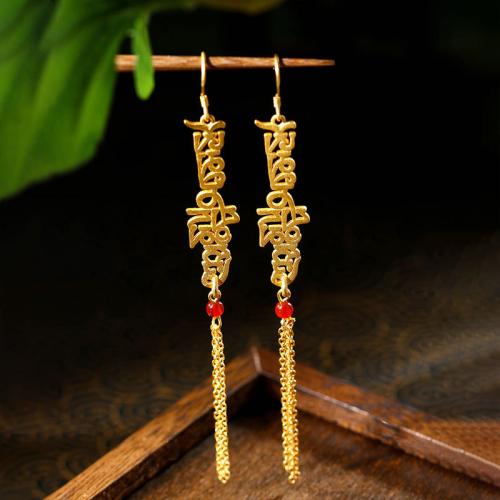 Zinc Alloy Tassel Earring with Jade Alphabet Letter gold color plated vintage & for woman 110mm Sold By Pair