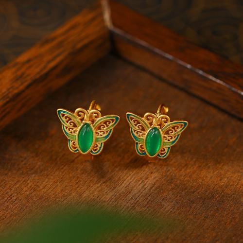 Zinc Alloy Huggie Hoop Earring with Jade Butterfly gold color plated vintage & for woman & enamel & hollow Sold By Pair