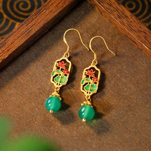 Zinc Alloy Drop Earring with Jade Flower gold color plated vintage & for woman & enamel & hollow Sold By Pair