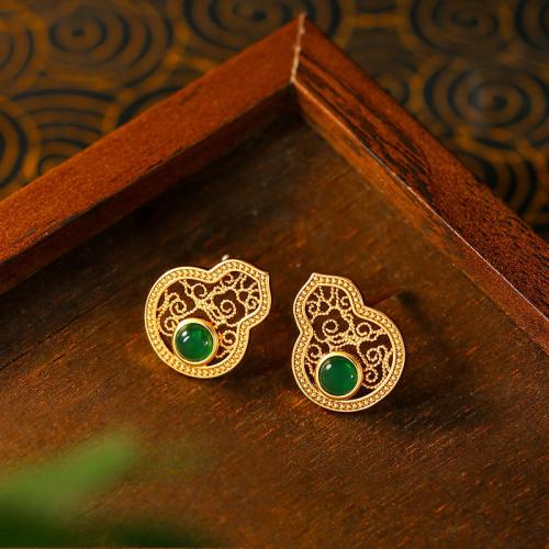 Zinc Alloy Stud Earring with Green Calcedony Calabash gold color plated for woman & hollow Sold By Pair