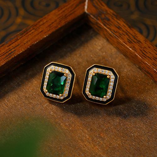 Zinc Alloy Stud Earring, Geometrisk mønster, guldfarve belagt, for kvinde & emalje & med rhinestone, 12x14mm, Solgt af par