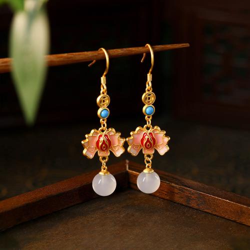 Zinc Alloy Drop Earring with White Chalcedony Lotus gold color plated for woman & enamel & hollow Sold By Pair