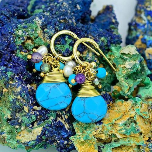 Brass Stud Earring with Natural Stone fashion jewelry & for woman blue Sold By Pair