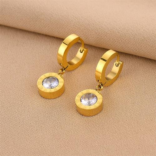 Titanium Aço Brinco, Partículas de aço, joias de moda & com o número de roman & micro pavimento em zircônia cúbica & para mulher, dourado, 28x10mm, vendido por par