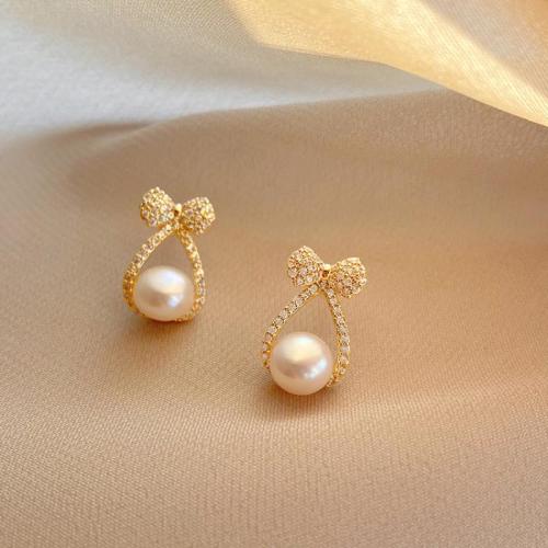 Sinc Alloy Earring Graí, le Pearl Plaisteacha, jewelry faisin & do bhean & le rhinestone, 16x10mm, Díolta De réir Péire